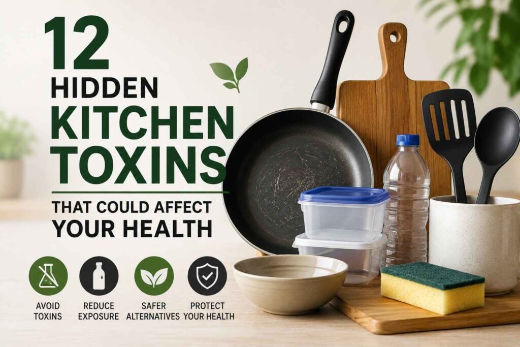 Kitchen items including a scratched non-stick pan, black plastic utensils, plastic food containers, cutting board, and sponge representing common hidden kitchen toxins and safer kitchen alternatives.