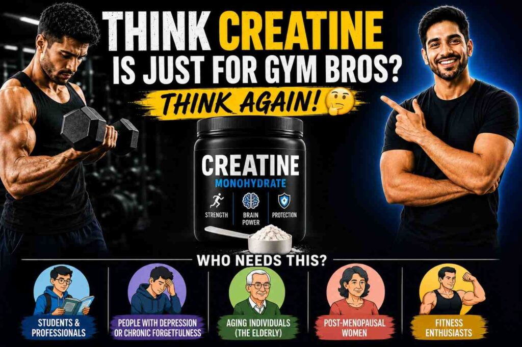 A modern creatine supplement thumbnail showing two men, a creatine monohydrate container, and illustrations representing different groups who may benefit from creatine, including students, professionals, aging individuals, post-menopausal women, and fitness enthusiasts. The design highlights that creatine is not only for bodybuilders but also supports overall performance, energy, and cognitive health.