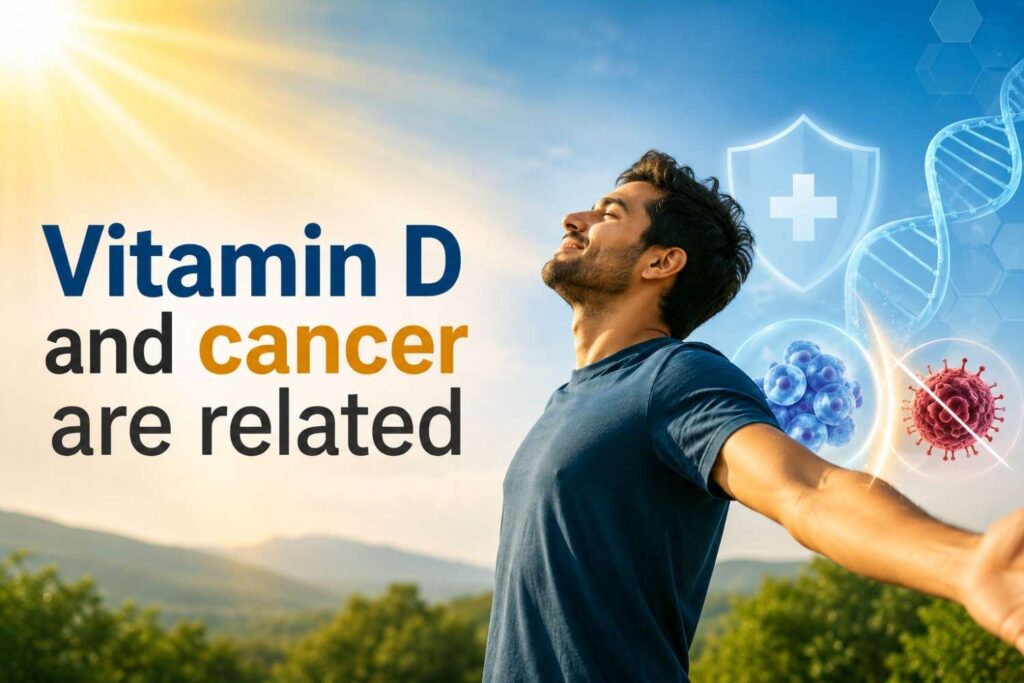 **Image Alt Text:** A healthy man standing outdoors under bright sunlight with the text "Vitamin D and cancer are related." Medical graphics including DNA strands, immune protection symbols, healthy cells, and cancer cells illustrate the connection between vitamin D, immunity, and cancer prevention.