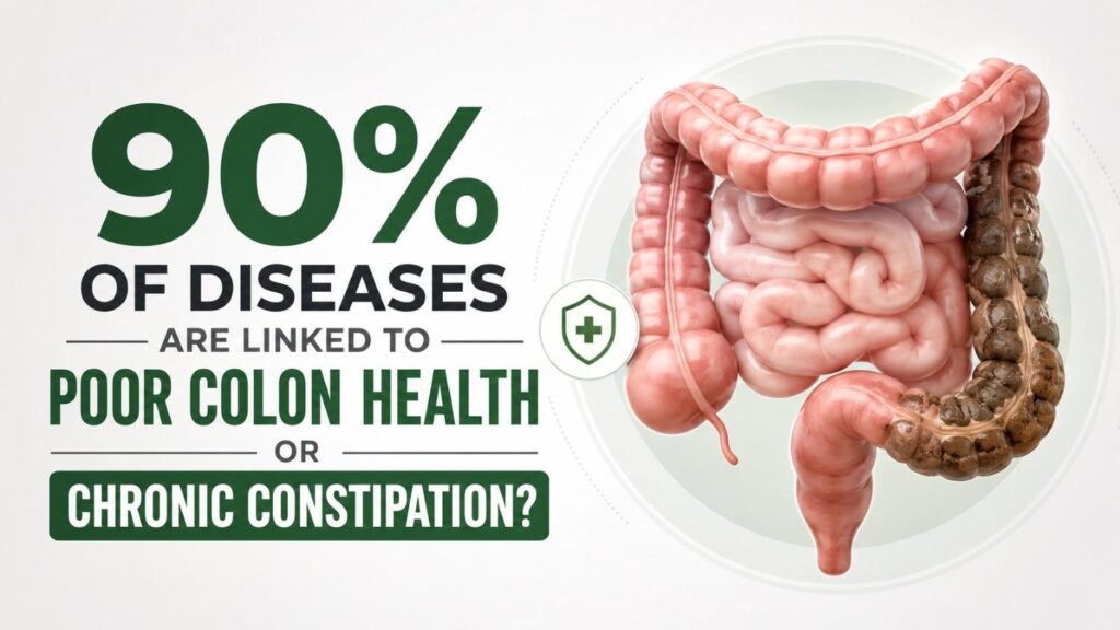 Anatomical illustration of the human colon showing healthy pink tissue compared to a section blocked by chronic constipation and waste buildup.