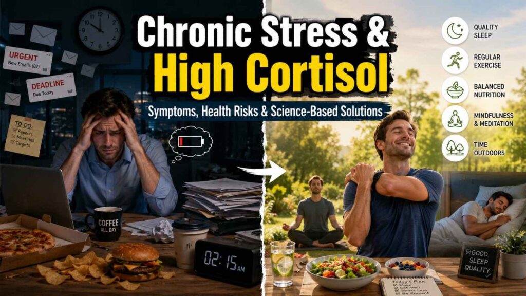 Illustration showing the effects of chronic stress and high cortisol alongside healthy lifestyle habits including quality sleep, exercise, balanced nutrition, mindfulness, and spending time outdoors to support stress management.