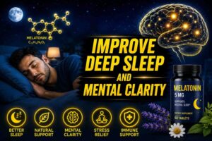 A sleeping man at night beside a glowing brain illustration, melatonin molecule, and melatonin supplement bottle with bold yellow text reading "Improve Deep Sleep and Mental Clarity" on a dark blue background.