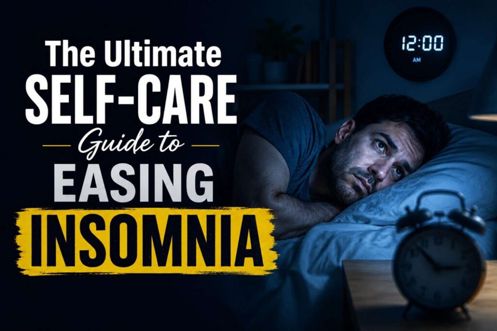 A sleepless man lies awake in bed at midnight with his eyes open, while the bold headline "The Ultimate Self-Care Guide to Easing Insomnia" highlights the word "INSOMNIA" in bright yellow.