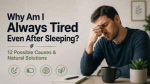 Tired man sitting at a desk with eyes closed next to the text Why Am I Always Tired Even After Sleeping? 12 Possible Causes & Natural Solutions