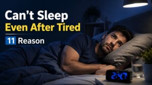 A tired man lying awake in bed at night, unable to sleep, with a clock showing 2:47 AM and text reading “Can’t Sleep Even After Tired – 11 Reasons.