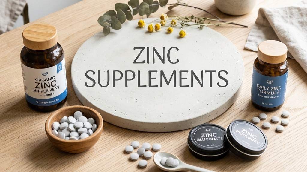 A minimalist flat lay arrangement featuring amber glass bottles and tins of organic Zinc supplements, loose zinc tablets in a wooden bowl and ceramic spoon, on a wooden table with dried flowers and a centerpiece reading "ZINC SUPPLEMENTS