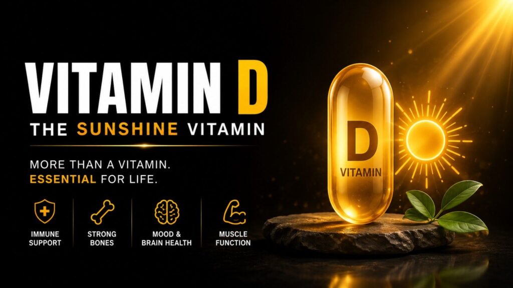 Vitamin D supplement capsule with sunlight on a dark background