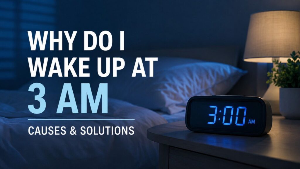 Dark, softly lit bedroom with a digital clock showing 3:00 AM, illustrating nighttime waking and sleep problems.