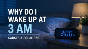 Dark, softly lit bedroom with a digital clock showing 3:00 AM, illustrating nighttime waking and sleep problems.