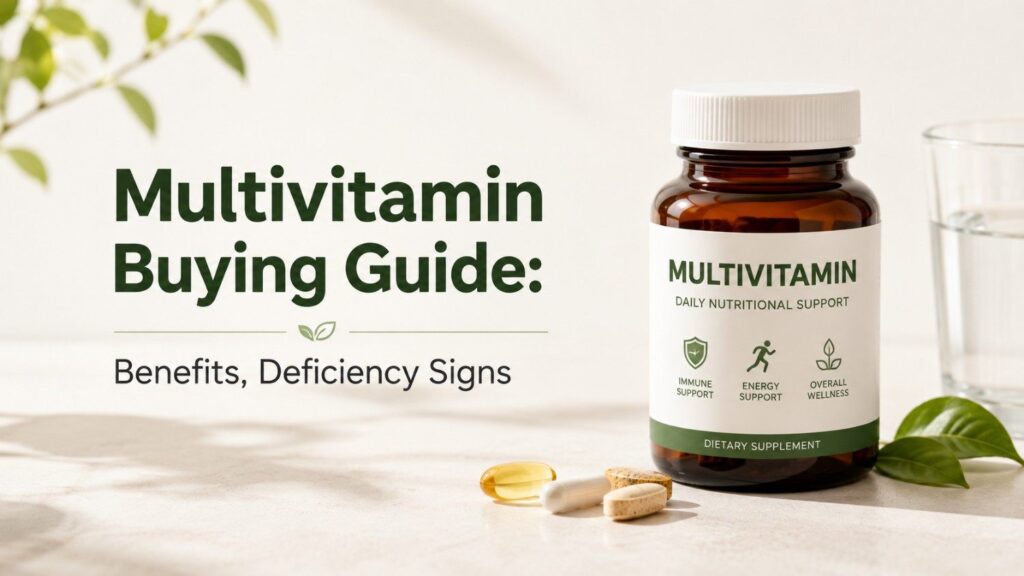Multivitamin buying guide showing a multivitamin supplement bottle, tablets, and natural ingredients, with text highlighting benefits and deficiency signs.