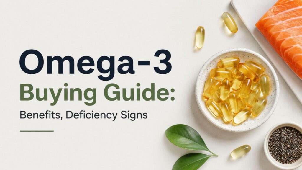 Minimalist Omega-3 buying guide image featuring omega-3 softgel capsules, salmon, and seeds, with text about benefits and deficiency signs.