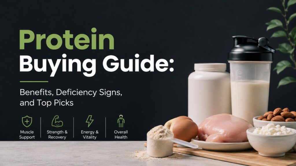 Protein buying guide featuring protein powder, shaker, chicken, eggs, almonds, and cottage cheese, highlighting protein benefits, deficiency signs, and top picks.