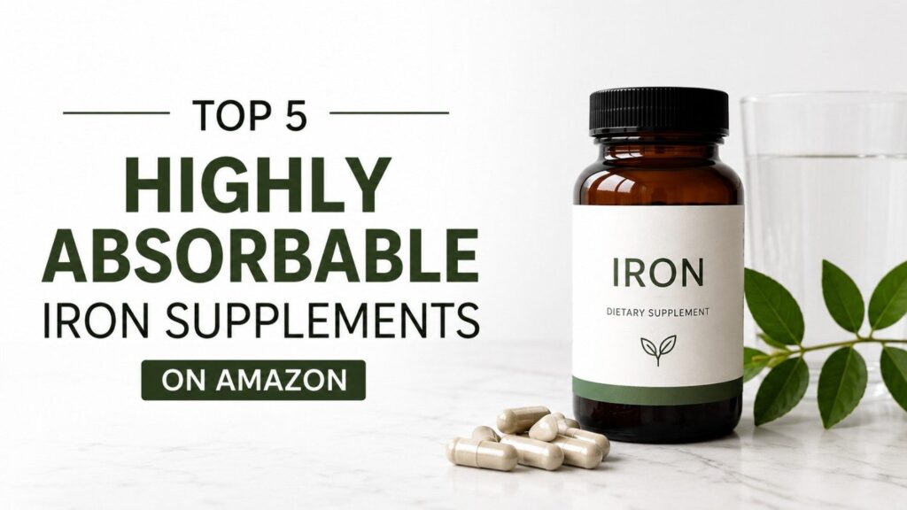 Minimalist feature image showing an iron supplement bottle, capsules, and text reading “Top 5 Highly Absorbable Iron Supplements on Amazon.”
