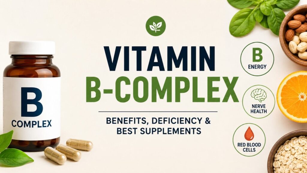 Vitamin B-complex supplement bottle with capsules, foods, and icons representing energy, nerve health, and red blood cell support.