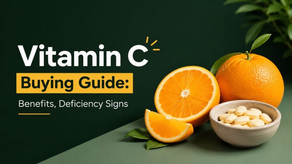 Vitamin C buying guide featuring oranges and vitamin C tablets, highlighting benefits and signs of deficiency.