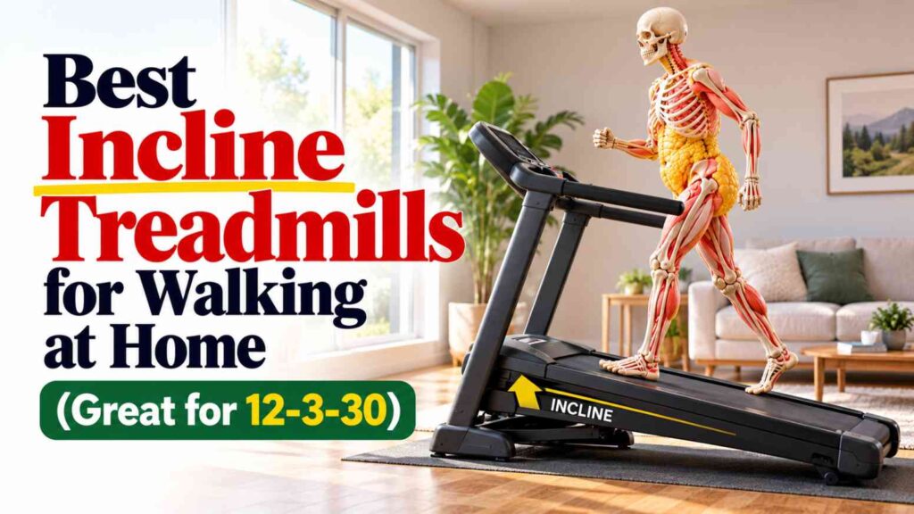An anatomical skeleton with visible bones, muscles, and yellow body fat walking on an inclined treadmill in a bright modern living room, illustrating incline treadmills for the 12-3-30 workout at home.
