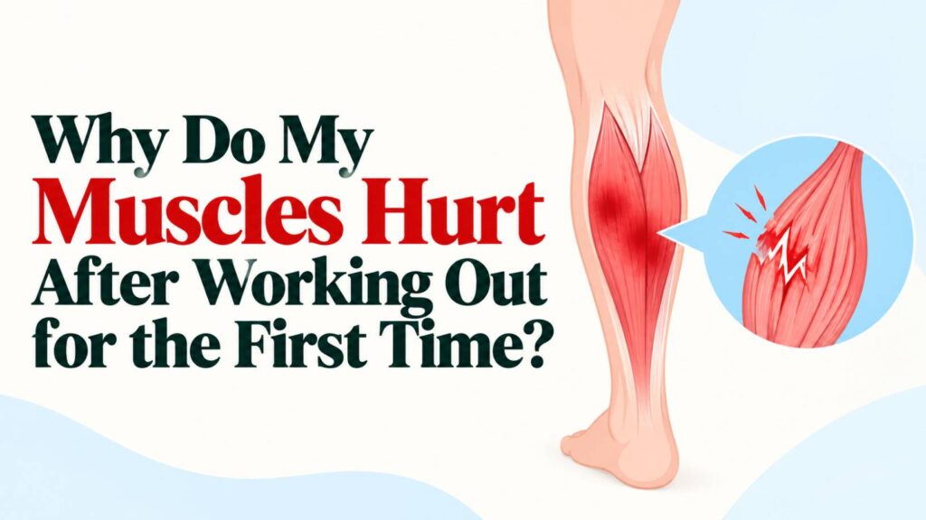 Medical illustration of a lower leg with a highlighted sore calf muscle and a magnified view of muscle fibers showing pain and strain after exercise.