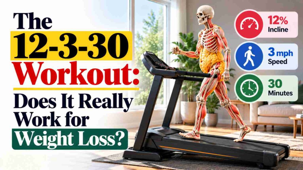 An anatomical skeleton with visible bones, muscles, and yellow body fat walking on a treadmill, alongside graphics showing a 12% incline, 3 mph speed, and 30-minute duration for the 12-3-30 weight-loss workout.