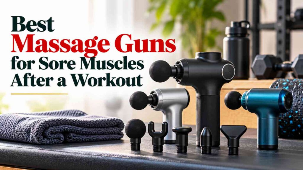 Three massage guns in black, silver, and blue with interchangeable massage heads displayed on a gym bench beside a towel and dumbbells.