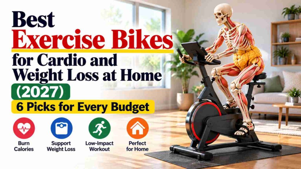 An anatomical skeleton with visible bones, muscles, and yellow body fat riding a black stationary exercise bike in a bright, modern home gym, illustrating cardio and weight-loss workouts at home.