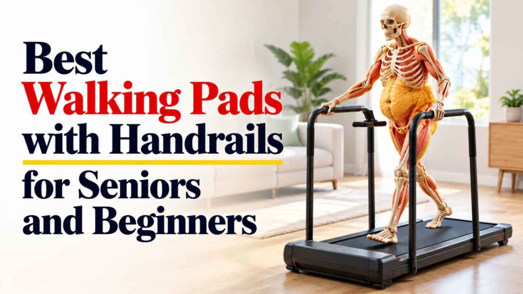 An anatomical skeleton with visible bones, muscles, and yellow body fat walking on a black walking pad with sturdy handrails in a bright, modern living room.