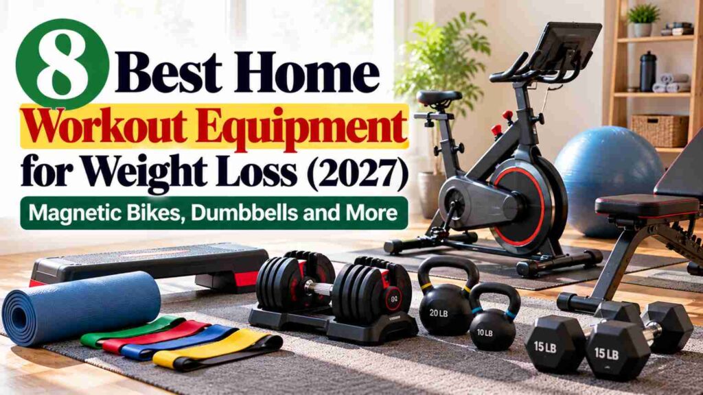 Home workout equipment arranged in a bright home gym, including a magnetic exercise bike, adjustable dumbbells, kettlebells, resistance bands, a rolled exercise mat, a step platform, a stability ball, and a workout bench.