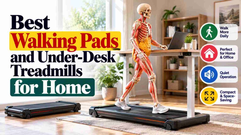 An anatomical figure with visible bones, muscles, and yellow body fat walking on an under-desk treadmill while using a laptop at a standing desk in a bright home office, with a compact walking pad nearby.