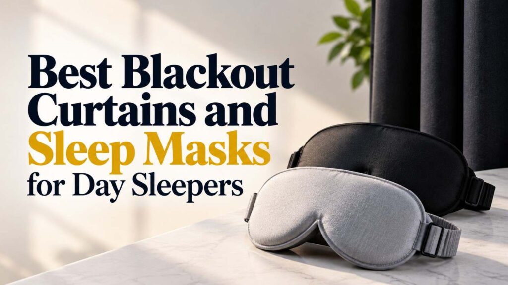 Blackout curtains and black and gray sleep masks for day sleepers who want to block light and improve sleep quality.
