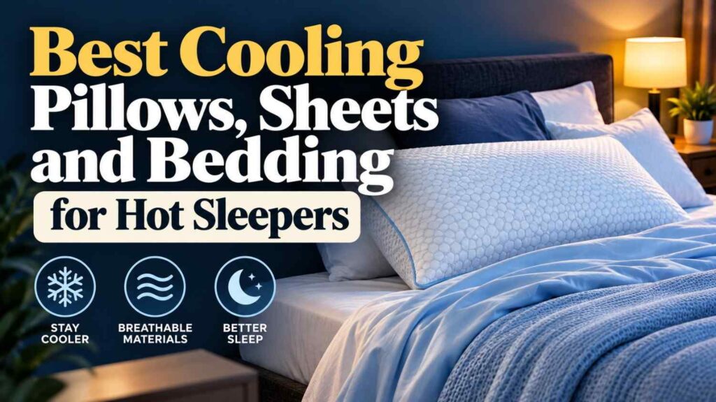 Cooling pillows, breathable sheets, and lightweight blue bedding arranged on a bed for hot sleepers seeking a cooler, more comfortable night's sleep.