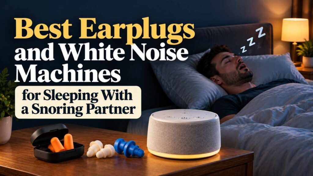 Best earplugs and white noise machines for sleeping with a snoring partner, featuring sleep earplugs and a white noise device beside a sleeping man.