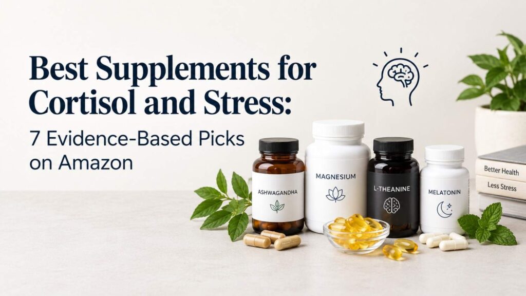 Best supplements for cortisol and stress, featuring ashwagandha, magnesium, L-theanine, and melatonin supplement bottles.