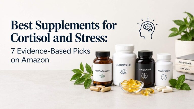 Best supplements for cortisol and stress, featuring ashwagandha, magnesium, L-theanine, and melatonin supplement bottles.