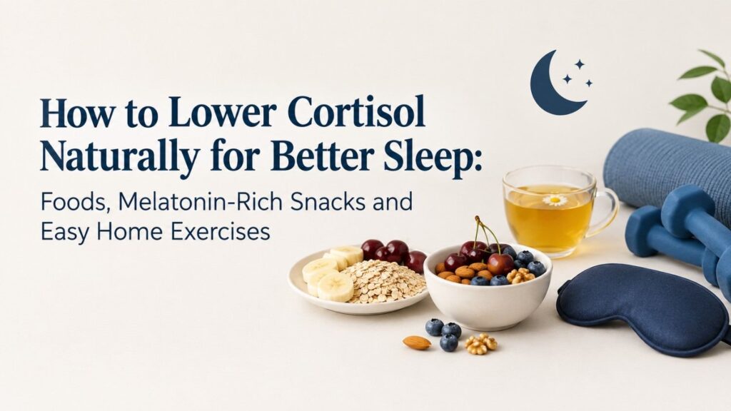How to lower cortisol naturally for better sleep with melatonin-rich snacks, healthy foods, chamomile tea, and easy home exercises.