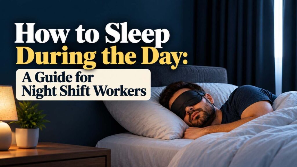 A night shift worker sleeping comfortably during the day with a black sleep mask, blackout curtains, and soft blue-gray bedding.