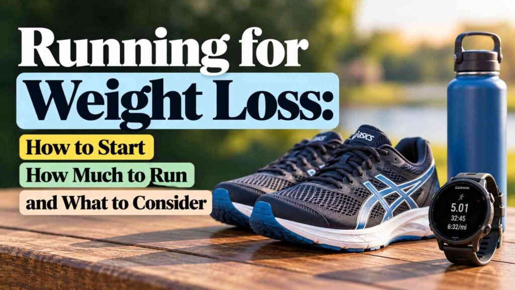 A pair of blue and black ASICS running shoes, a blue water bottle, and a black GPS running watch arranged on a wooden surface outdoors, illustrating a beginner’s guide to running for weight loss.