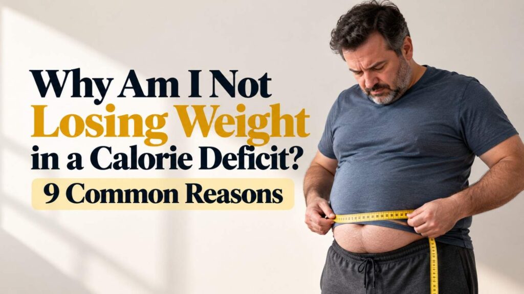 Middle-aged man measuring his belly with a yellow measuring tape, illustrating common reasons for not losing weight in a calorie deficit.