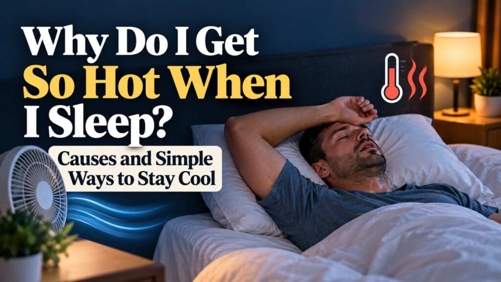 A sweaty man struggling with overheating during sleep, with a fan and thermometer illustrating causes of feeling too hot at night.