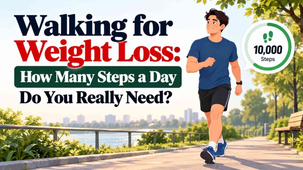 Illustration of a man walking in a sunny park beside a 10,000-step counter, representing daily walking goals for weight loss.