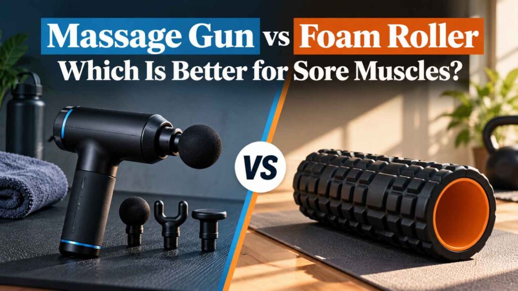 A black massage gun and textured foam roller displayed side by side, comparing muscle recovery tools for soreness.