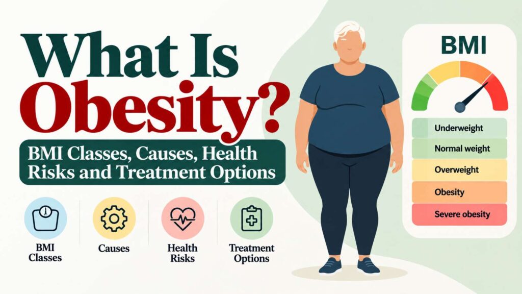 Flat-vector illustration explaining obesity, featuring an adult man, a color-coded BMI gauge, and categories from underweight to severe obesity.