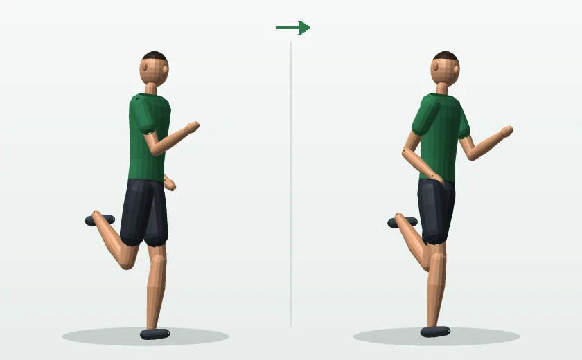 Butt kicks exercise, start and finish position, demonstrated by a male 3D model