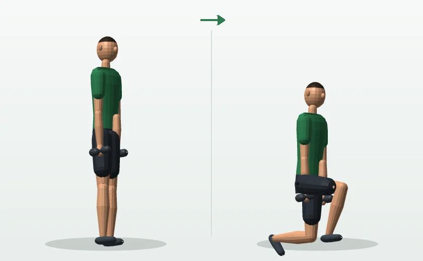 Dumbbell reverse lunge exercise, start and finish position, demonstrated by a male 3D model