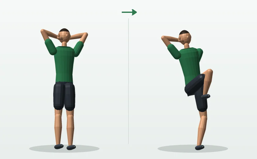 Standing cross-body crunch exercise start and finish position demonstrated by a man