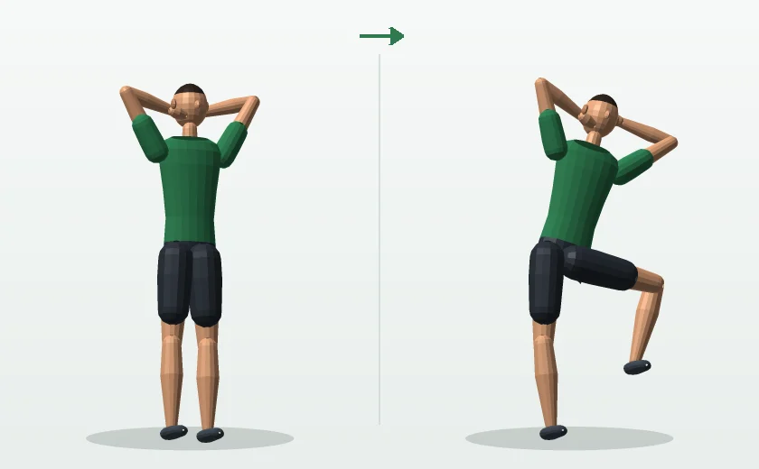 Standing side crunch exercise start and finish position demonstrated by a man