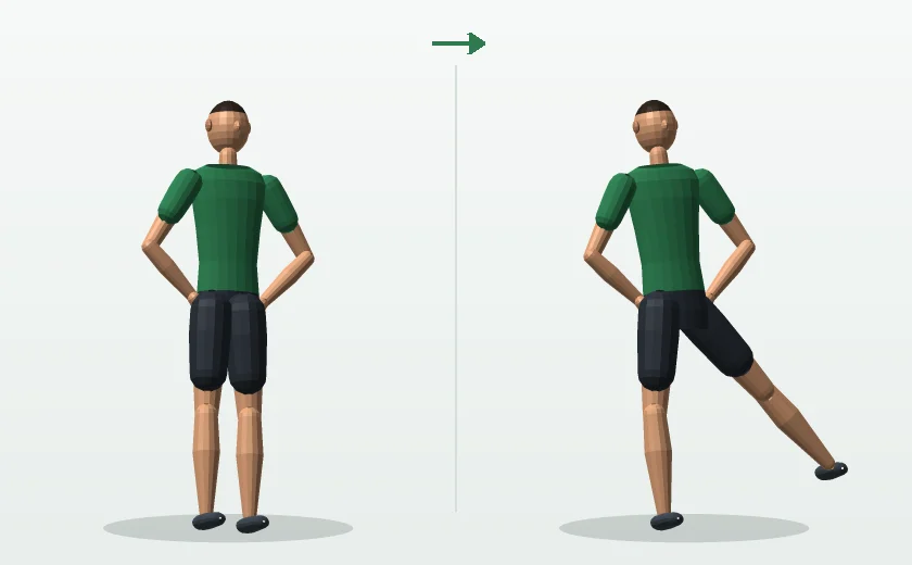 Standing side leg raise exercise, start and finish position, demonstrated by a male 3D model