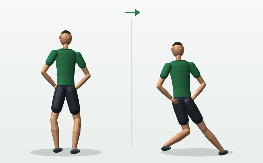 Side lunge exercise, start and finish position, demonstrated by a male 3D model