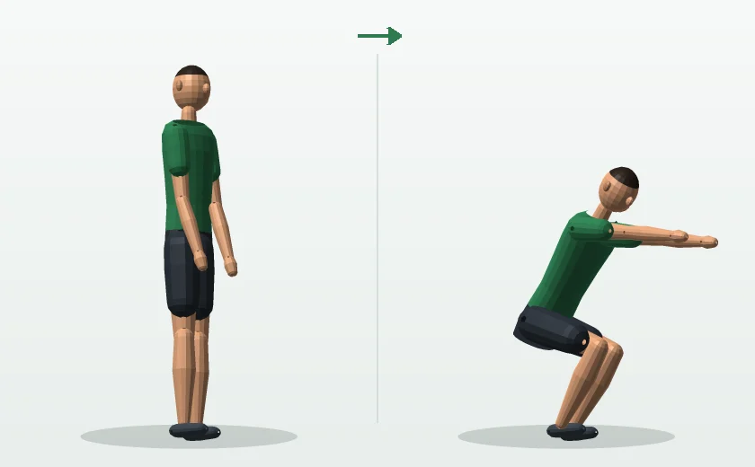 Bodyweight squat exercise start and finish position demonstrated by a man