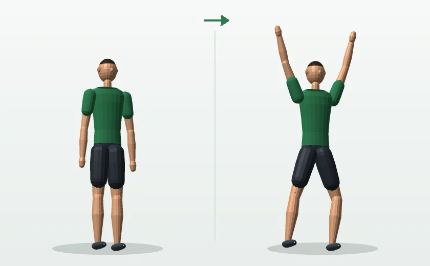Low-impact step jack exercise start and finish position demonstrated by a man