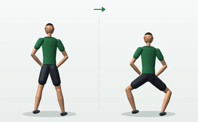 Sumo squat exercise, start and finish position, demonstrated by a male 3D model
