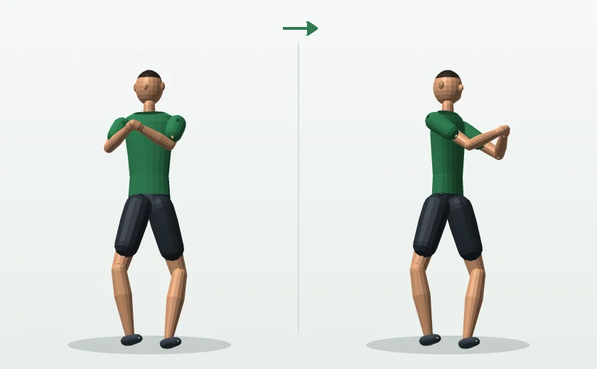 Standing torso twist exercise, start and finish position, demonstrated by a male 3D model